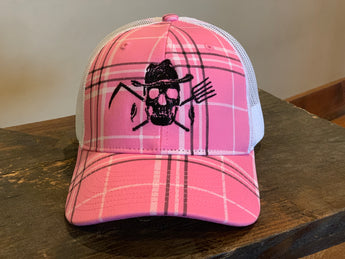Classic Trucker Hat Pink Plaid - Farm Hard or Die